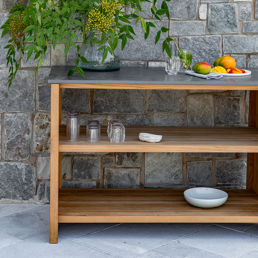 CASCADE TEAK CONSOLE – GRIGIO PORCELAIN TOP