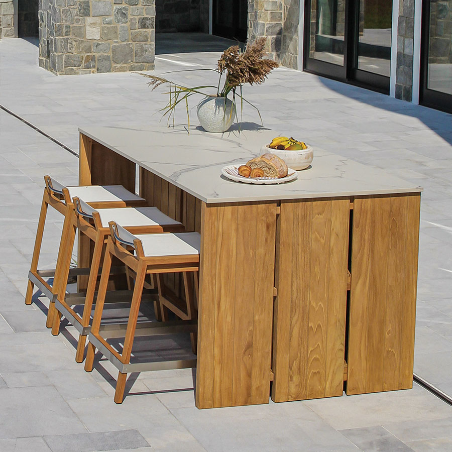 CASCADE TEAK 3-SEAT ISLAND AND BEVERAGE COOLER CABINET – CALACATTA PORCELAIN TOP