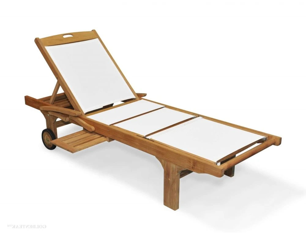 Teak Chaise Lounge Pool & Deck Sunlounger PAIR with arm, White Sling Fabric