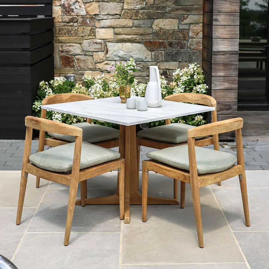 FOXHALL® 36 IN. SQUARE TEAK + PORCELAIN DINING TABLE W/ CALACATTA TOP