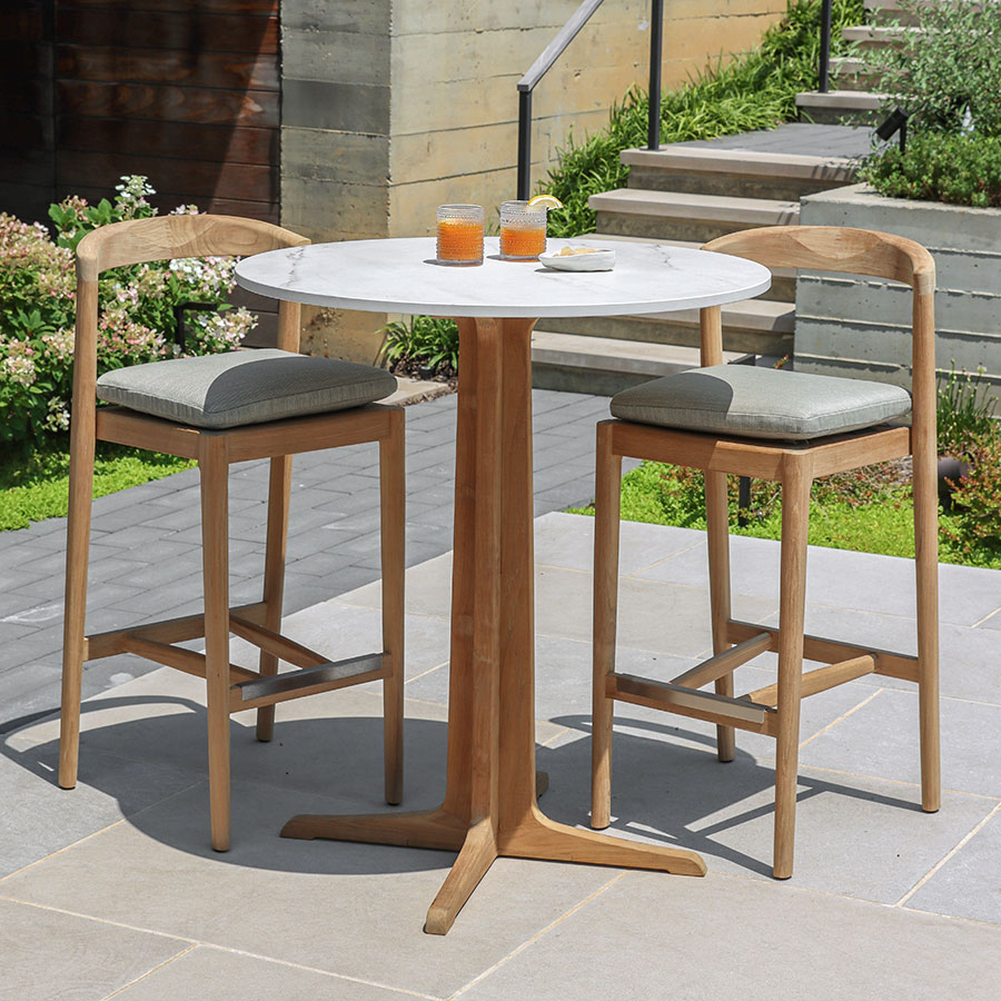 FOXHALL® 36 IN. ROUND TEAK + PORCELAIN BAR TABLE W/ CALACATTA TOP